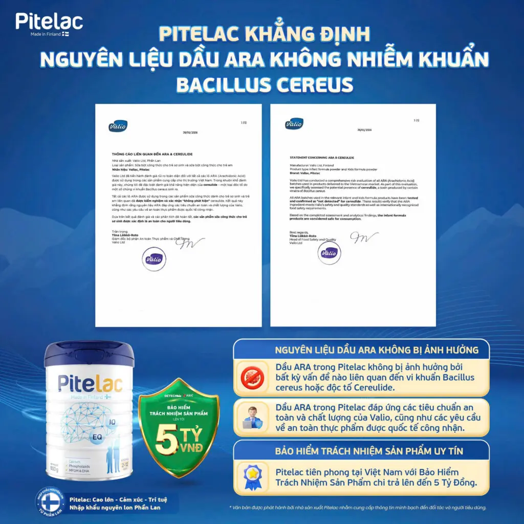 PITELAC CONFIRMS THAT ITS ARA (Arachidonic Acid) OIL INGREDIENTS ARE FREE FROM BACILLUS CEREULIDE CONTAMINATION