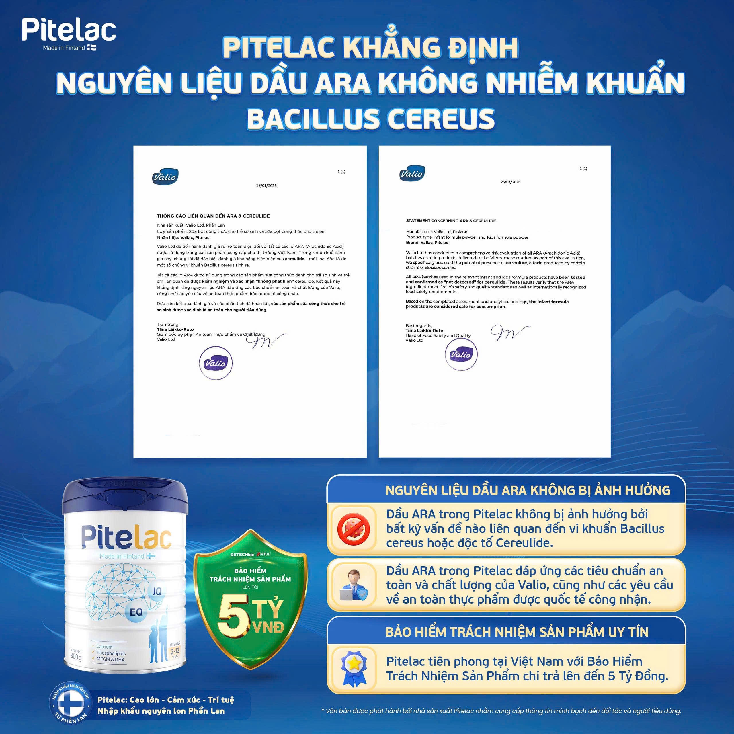 PITELAC CONFIRMS THAT ITS ARA (Arachidonic Acid) OIL INGREDIENTS ARE FREE FROM BACILLUS CEREULIDE CONTAMINATION